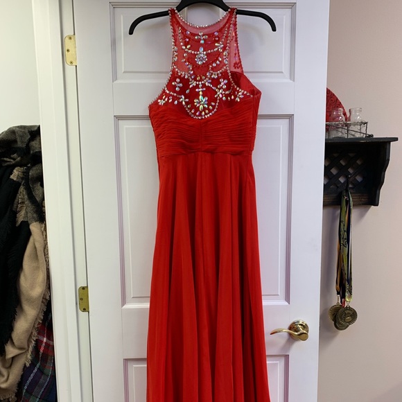Red A-Line Beaded Prom Dress with Pleated Bodice - Picture 5 of 7